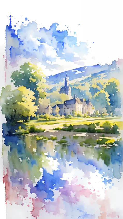 (masterpiece:1.2, Highest quality),(Very detailed),(((watercolor))),8K,wallpaper,Landscape of France,Loire Valley, UNESCO World ...