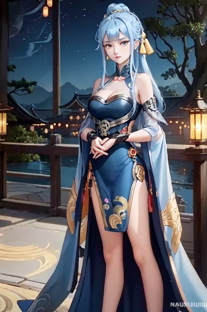 ((big breasts)), 1girl, solo, long hair, looking at viewer, hair ornament, big breasts and exposed breasts, dress, bare shoulders, closed mouth, blue hair, yellow eyes, braid, artist name, a slim navel, blue dress, chinese clothes, china dress, light blue hair,, Jordyn Huitema, (masterpiece,best quality:1.5), (masterpiece,best quality:1.5), Chinese imperial palace, feudal China, stand upright and relax both arms, wooden castle, lake, (lantern), sparkling, (masterpiece,best quality:1.5), (masterpiece,best quality:1.5)