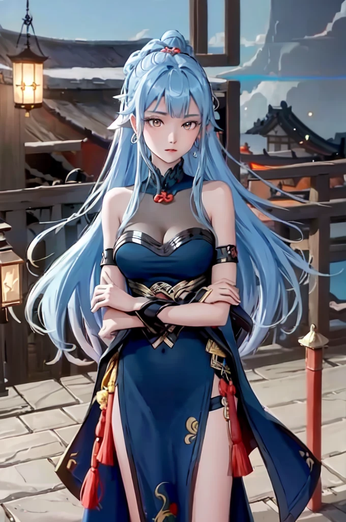 ((big breasts)), 1girl, solo, long hair, looking at viewer, hair ornament, big breasts and exposed breasts, dress, bare shoulders, closed mouth, blue hair, yellow eyes, braid, artist name, a slim navel, blue dress, chinese clothes, china dress, light blue hair,, Jordyn Huitema, (masterpiece,best quality:1.5), (masterpiece,best quality:1.5), Chinese imperial palace, feudal China, stand upright and relax both arms, wooden castle, lake, (lantern), sparkling, (masterpiece,best quality:1.5), (masterpiece,best quality:1.5)