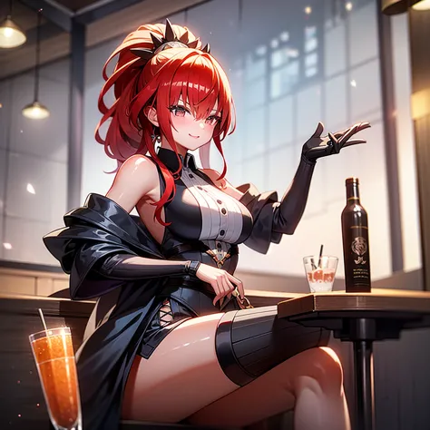 liquor, woman sitting at a bar drinking a cocktail, 背景の棚には多彩な色のliquor瓶が並んでいる, quiet bar, calm expression, perfect hands, elder, ...