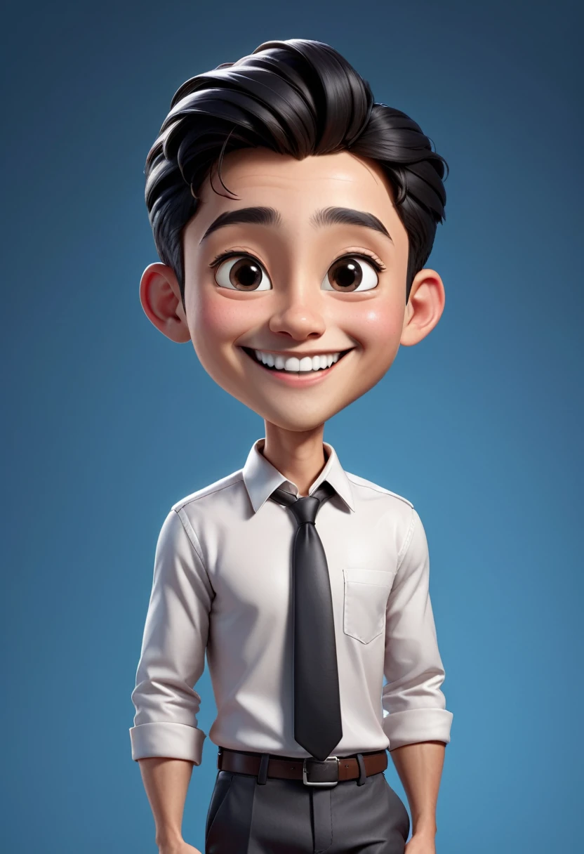 Create a 3D animation of a big-headed cartoon caricature. a 17 year old Indonesian woman. She has charming long straight black hair. His face is oval with smooth lines, thick and neat black eyebrows, normal eyes, a big nose, and thin lips with a wide, friendly smile. He wore a white shirt and carried a document in his hand. Gradient blue background with professional lighting. masterpiece, top quality, highly detailed skin and face, ultra-realistic, high definition, studio lighting, sharp focus, full body visible, Concept Art, 3D rendering.