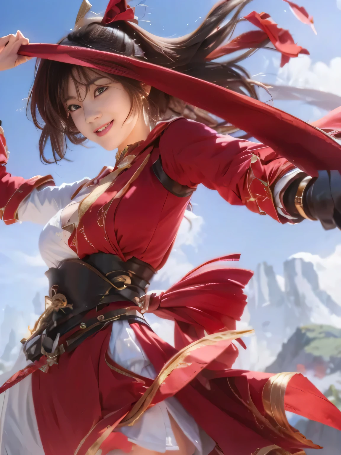 Chinese female general，Saffron Hufu，Detail the eyes，Crimson cape，metal breastplate，Breasts are full and erect，Gold hairband，majestic，Smile（open mouth）（The corners of the mouth are raised），、（Hair in a bun：1.5），（Hair bun raised high）。wilderness background（grassland background）