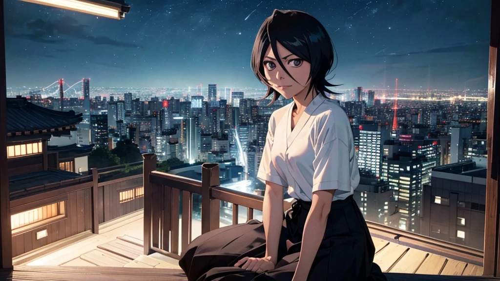 Rukia de l&#39;eau de Javel protrat complet du corps assis sur une colline surveillant un Tokyo la nuit se tournant ici face pour vous regarder en souriant