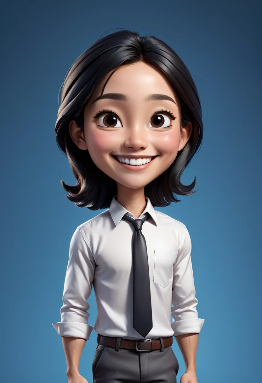 Create a 3D animation of a big-headed cartoon caricature. a 17 year old Indonesian woman beatiful. She has charming long straight black hair. His face is oval with smooth lines, thick and neat black eyebrows, normal eyes, a big nose, and thin lips with a wide, friendly smile. He wore a white shirt and carried a document in his hand. Gradient blue background with professional lighting. masterpiece, top quality, highly detailed skin and face, ultra-realistic, high definition, studio lighting, sharp focus, full body visible, Concept Art, 3D rendering.