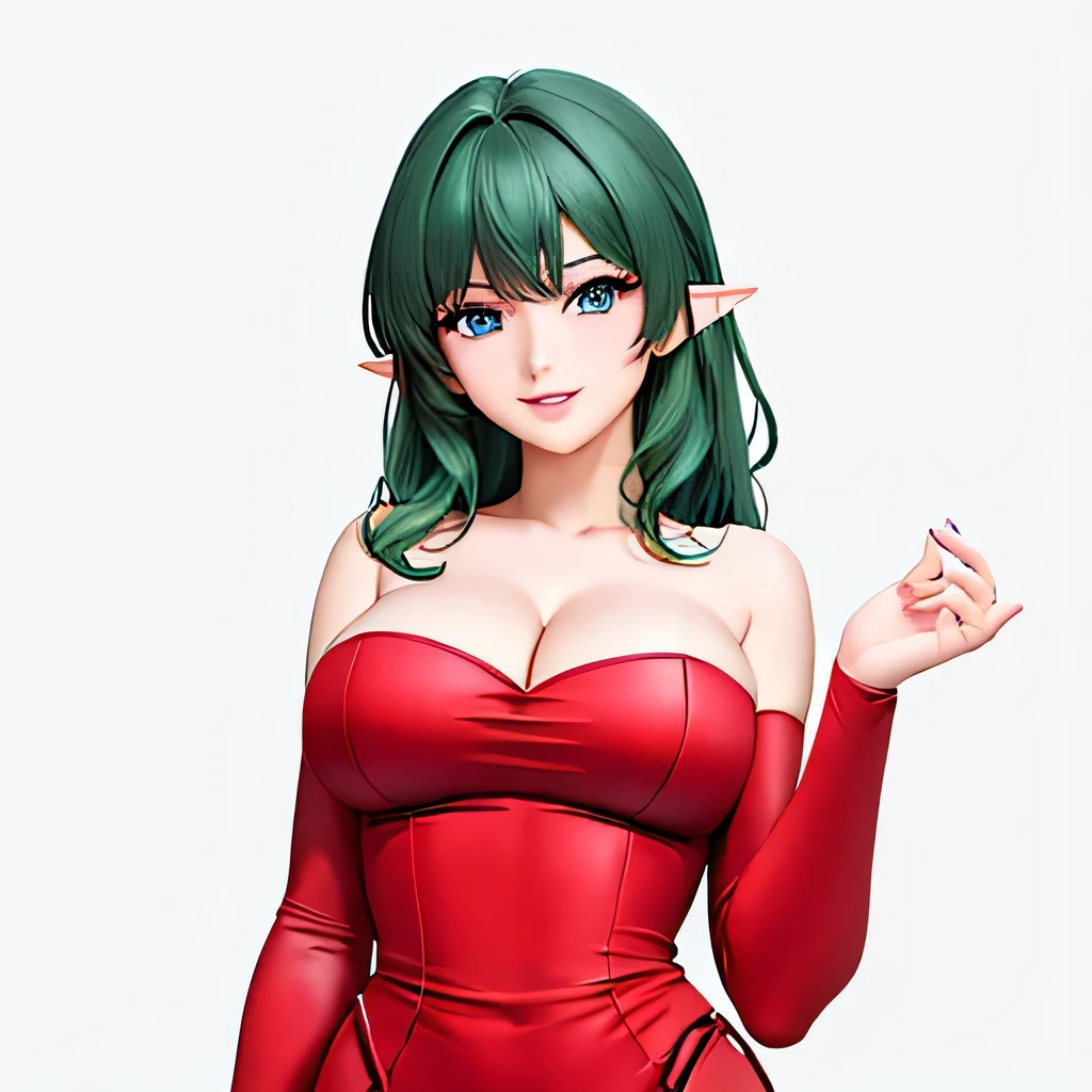  (masterpiece,best quality,ultra-delicate,Perfect Face,16k,high resolution,very beautiful girl),Medium short deep green hair:1.2, Red strapless bodycon tube dress ,Red long arm sleeves,Elf Girl,((gigantic Breasts)),blue eyes,Beautiful smile,20 years old,