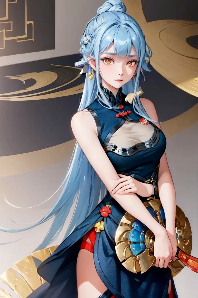 ((big breasts)), 1girl, solo, long hair, looking at viewer, hair ornament, dress, holding, bare shoulders, closed mouth, blue hair, yellow eyes, braid, artist name, covered navel, blue dress, chinese clothes, china dress, hand fan, folding fan, light blue hair, holding fan, Jordyn Huitema, (masterpiece,best quality:1.5), (masterpiece,best quality:1.5), Hold the fan with the right hand, the left hand does not hold the fan, Chinese imperial palace, feudal China, wooden castle, lake, (lantern), sparkling, (masterpiece,best quality:1.5), (masterpiece,best quality:1.5),  butt up in the air