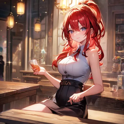 anime style painting, an illustration, liquor, woman sitting at a bar drinking a cocktail, 背景の棚には多彩な色のliquor瓶が並んでいる, quiet bar, ...