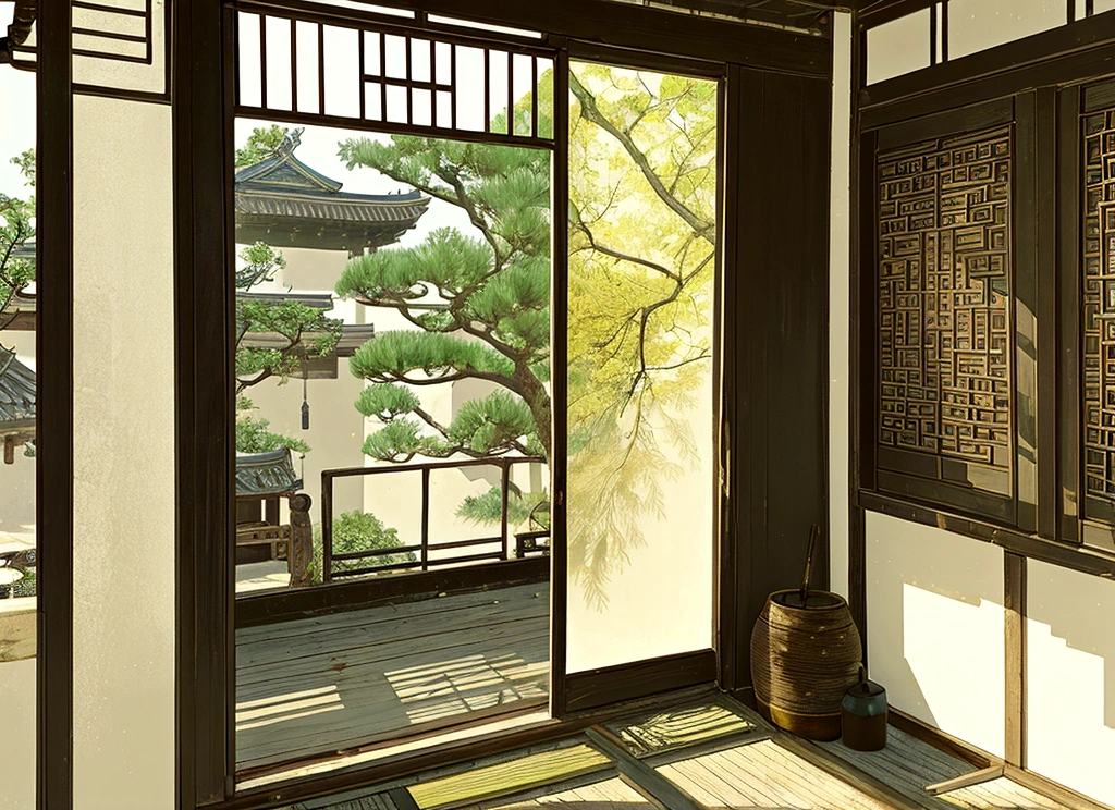 A corner of an ancient Chinese house, with two pieces of clothing hanging on a drying rod in front of the door. The nearby fence is covered with morning glories.