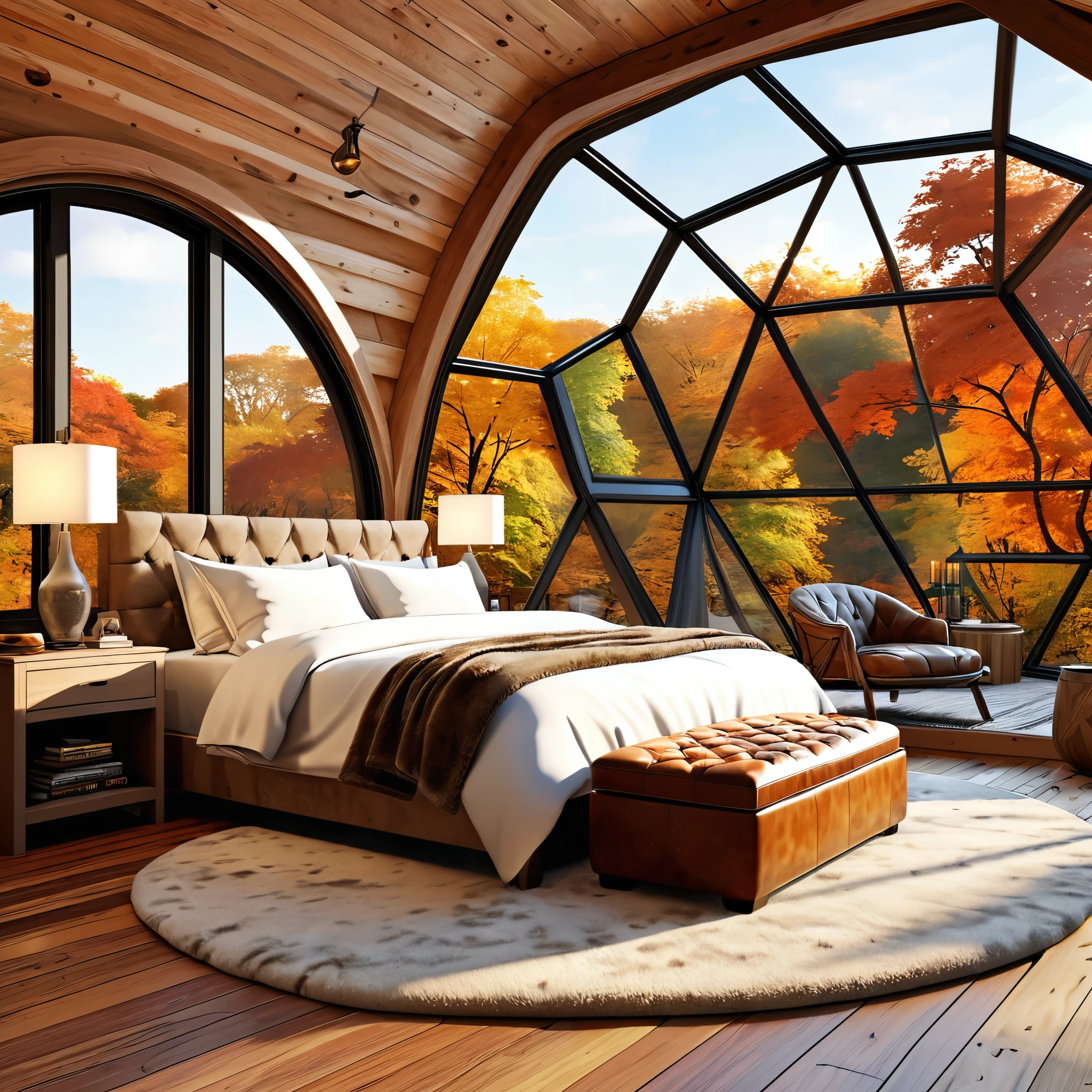 Design a sophisticated and cozy bedroom within a geodesic dome, featuring large windows that offer breathtaking views of autumn leaves. The room should have a comfortable bed with soft pillows and blankets, bedside lamps providing gentle illumination, and a stylish ottoman. Include a cozy armchair draped with a fur throw for a relaxing corner. The wooden floor should be complemented by a fluffy rug to enhance the warmth of the space. Add a small bookshelf and select decorative items to give the room an elegant yet homey feel.