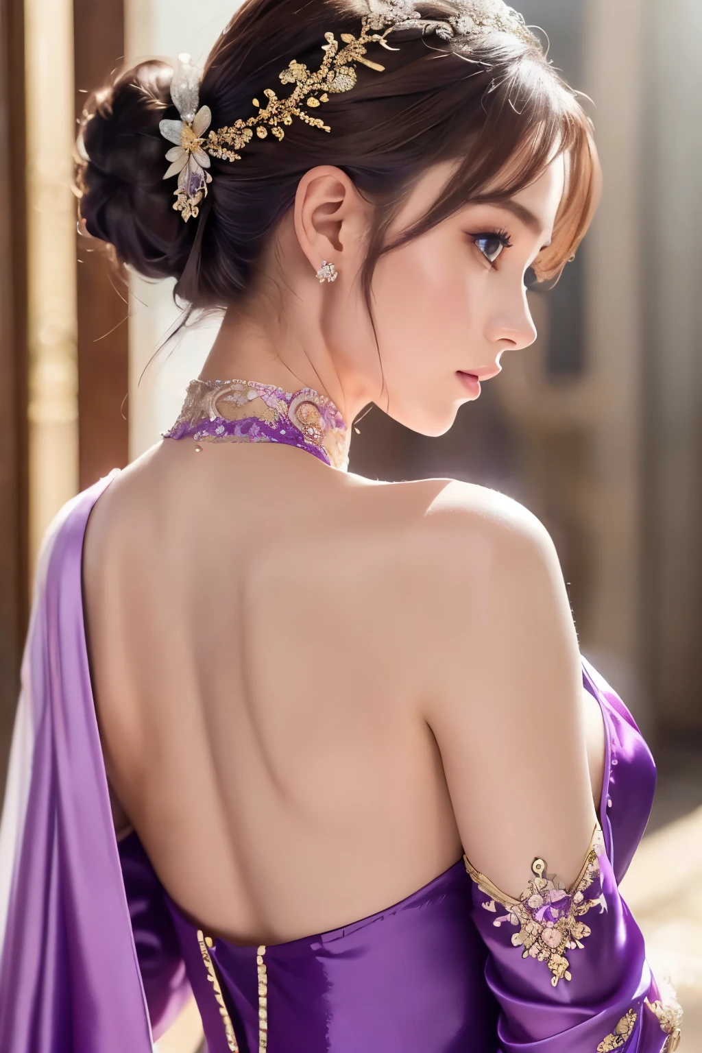 8K、 (Super sexy purple outfit made of shiny silk), Enchanting Girl, Very detailed,Audrey Hepburn, Exquisite decorative details 、Pastel tones 、 Very intricate details 、 Realistic Light,Luxury Bridal Dress,(((sideboob)))、From the side、Elegant cuteness
