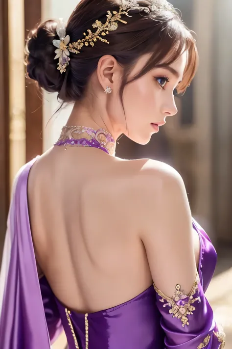 8K、 (Super sexy purple outfit made of shiny silk), Enchanting Girl, Very detailed,Audrey Hepburn, Exquisite decorative details 、...