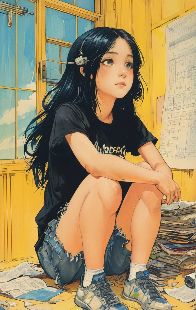 Une illustration détaillée de style anime d'une fille ange emo avec de longs cheveux noirs, assise dans une pièce en désordre. Elle porte un t-shirt noir et un short, Avec une expression apathique. L'arrière-plan présente diverses notes, outils, et un mur jaune vif avec un ciel bleu visible à travers une fenêtre, créant une atmosphère vibrante et éclectique.