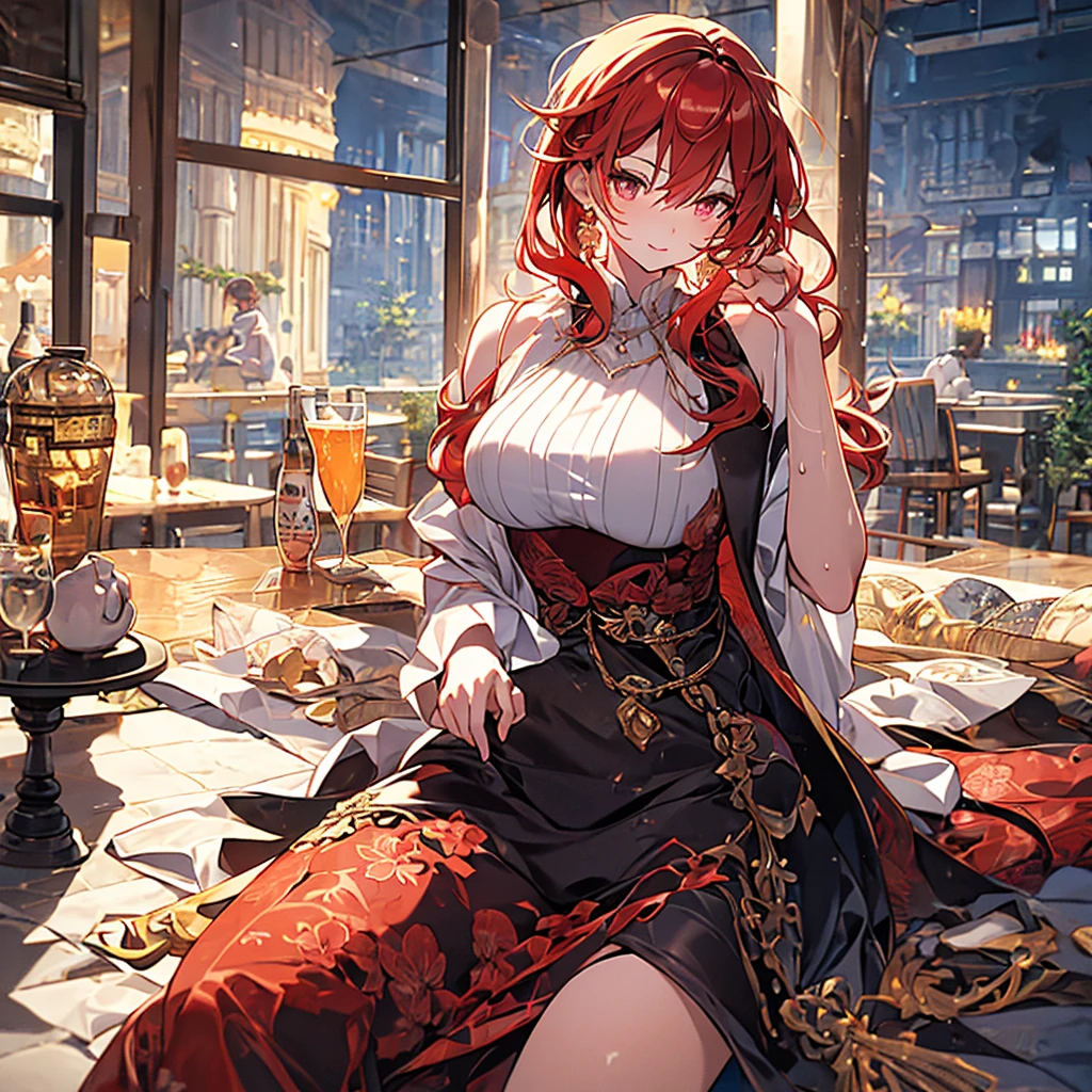 Anime style painting, An illustration, liquor, Woman sitting at a bar drinking a cocktail, 背景の棚には多彩な色のliquor瓶が並んでいる, Quiet bar, Calm expression, Perfect hands, elder, Red Hair, The dignity of a 50-year-old, ほろ酔いのwoman, solo、(Highly detailed background:1.0)、(Highly detailed background:1.0)、masterpiece、Highest quality、(Babes)、Fractal Art、Red eyes、Narrow eyes、Black and red dress, Reddish lips、From the shoulders up、smile、One Woman、Red long ponytail, Curly Hair, Red eyes,Golden accessories, solo, Big Breasts, woman, Take-out, Provocative laughter,40 year old woman,Queen of Sadism, Highly detailed background, Perfect Human Medicine, Sweat,