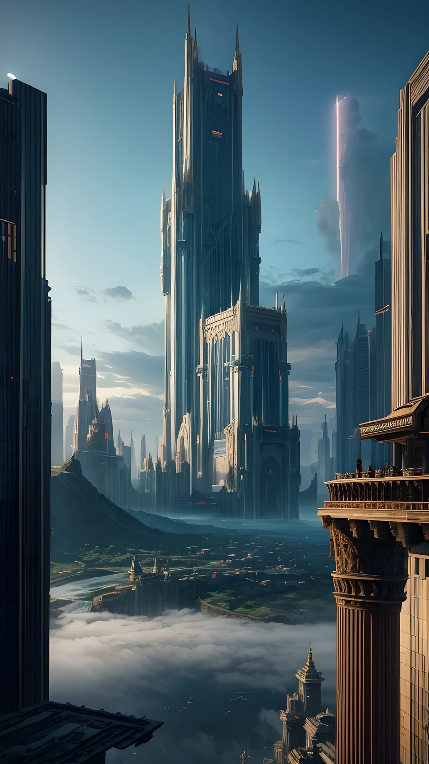 Huge castles and skyscrapers floating in the air Cyberpunk fantasy world Top quality ultra high definition utopia 8K Giant waterfalls nature，future