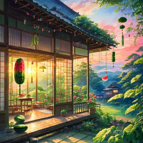 japanese countryside, old house, veranda, watermelon, wind chimes, summer vacation, at dusk, sunset, the cicada&#39;s cry, tatam...