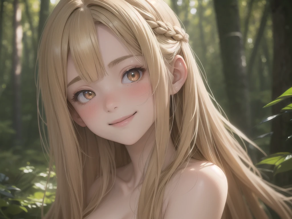 Anime-style illustrations,(Highly detailed background:1.0), (Highly detailed background:1.0), masterpiece, Highest quality, (One girl), alone, (forest), Long Hair, Blonde, nature, wood:1.2, Motion Blur,  chromatic aberration, Depth of written boundary, Soft lighting, Highly detailed face, Highly detailed eyes, nsfw, Completely naked, smile, blush, 