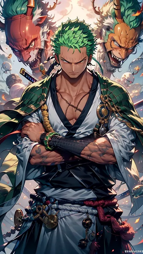 zoro, standing alone, looking at viewer, sorrido, short hair, eyes red, 1st grade, holding, jewelries, upperbody, missiles, male...