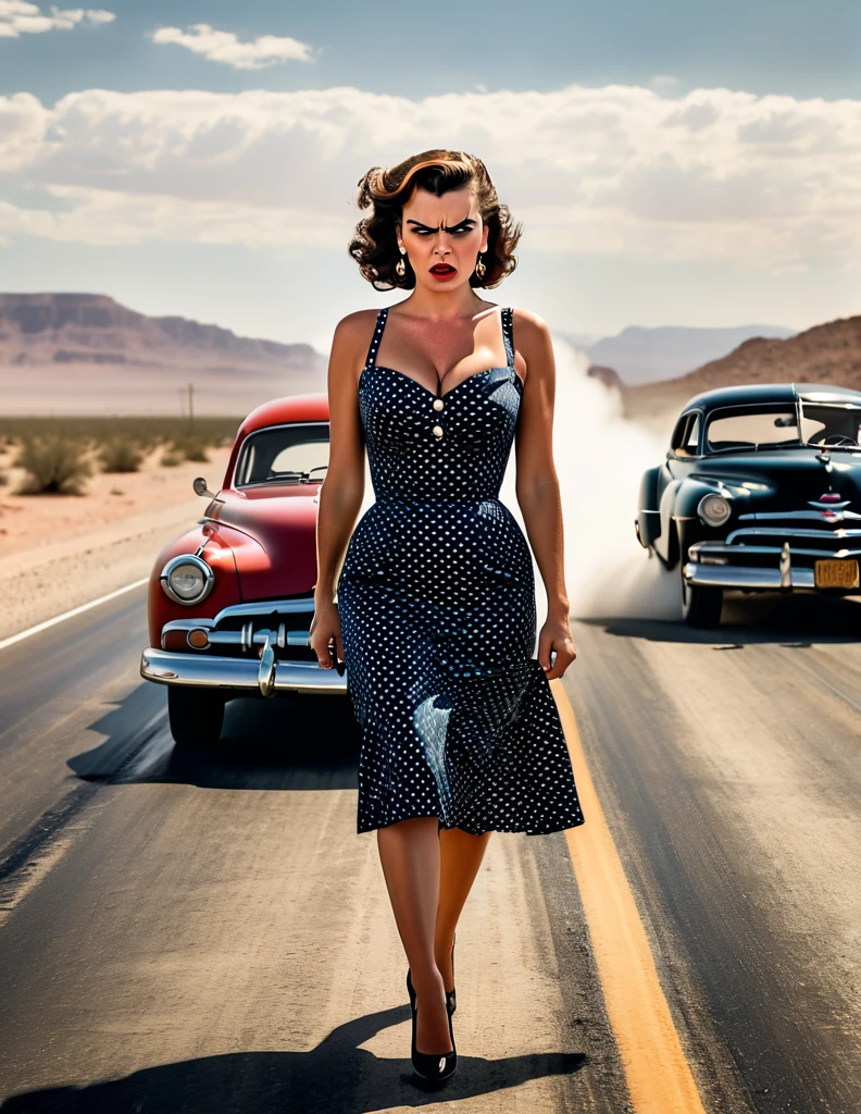 Style des années 1950, femme en colère dans une robe à pois, la laissant en panne et de la vapeur sort de sa voiture classique Hudson Hornet, marcher vers la caméra, Poings serrés, autoroute vide dans le désert, visage parfait, mise au point ultra nette, Haute qualité, ultra haute résolution, Cinématique, chef-d&#39;œuvre, Style de photographie d&#39;Annie Leibovitz