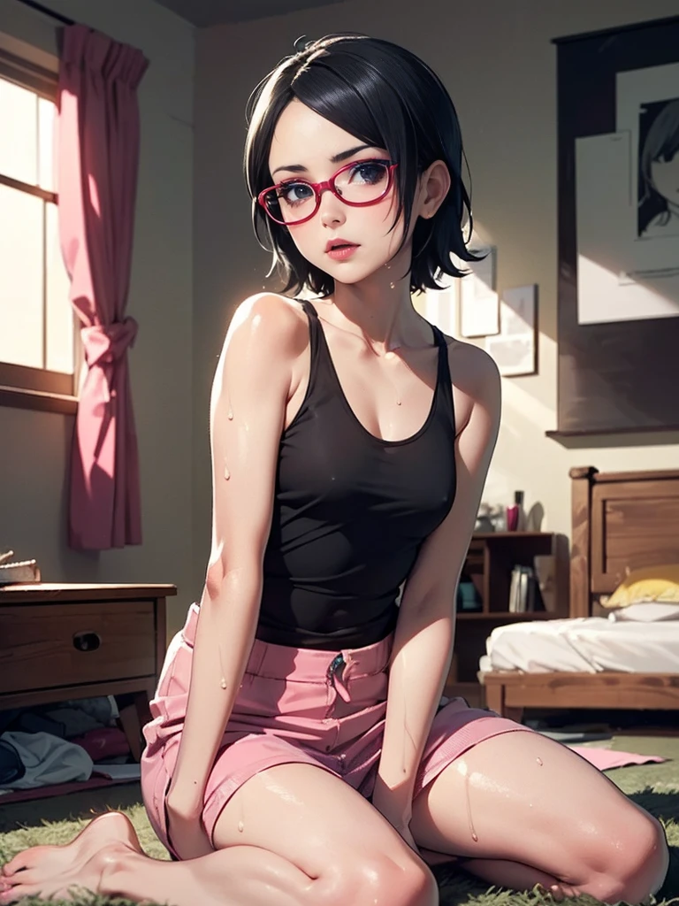 (solo, 1girl, short hair, uchiha sarada, glasses, (black eyes), sarada uchiha),masterpiece, best quality, 1girl,beidoudef, moist skin, detail skin, tank top, ghibli style, (blush:1.2), (sitting:1.1), barefoot, (kawai, messy room:1.2), cowboy shot, glasses, short hair, black eyes, black hair, flowers, slim body, sweat, wet, sweat body, wet clothes, see through,   on the floor, (Original, small breasts, 1girl, solo), (very detailed wallpaper) , (best quality) , (work of art) ,struggling posture, artistic dedication, very detailed illustrations, (pink lipstick) , beautiful eyes, (Delicate Face) , perfect detail, (best lighting ), (super complex details), ((Alone, Sarada Uchiha, ((black eyes, pink lipstick, small breasts)), (wearing glasses, short hair, serious facial expression), confident))