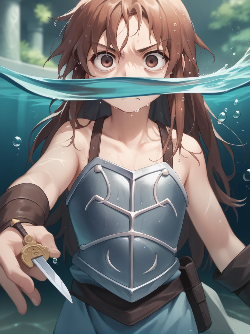 Partially underwater,最high quality,high quality, 4-year-old, , Long Hair, Brown Hair, Wet Hair,  Blurred Edges,Flat Chest,Pitch-dark underground labyrinth,No light,Leather armor,Equipped with a dagger and a shield,Face above water,Body in water, Underwater Photography,The robe rolls up due to buoyancy,Painful face