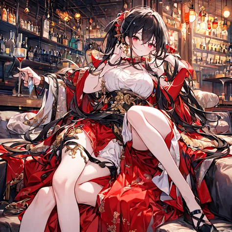 anime style painting, an illustration, liquor, woman sitting at a bar drinking a cocktail, 背景の棚には多彩な色のliquor瓶が並んでいる, quiet bar, ...