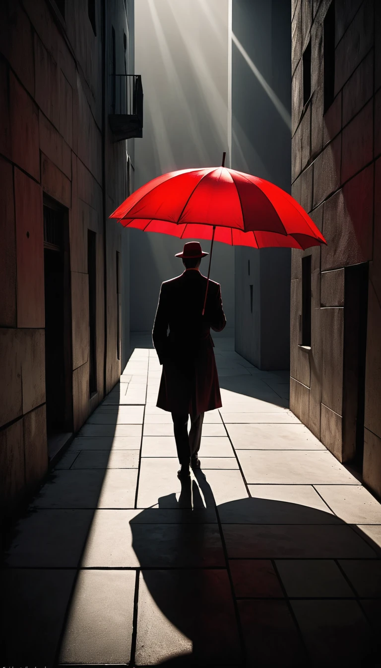 a  figure,red umbrella,simple geometric abstract,cubism,minimalist,chiaroscuro lighting,dramatic shadows,surreal,high contrast,moody,striking composition