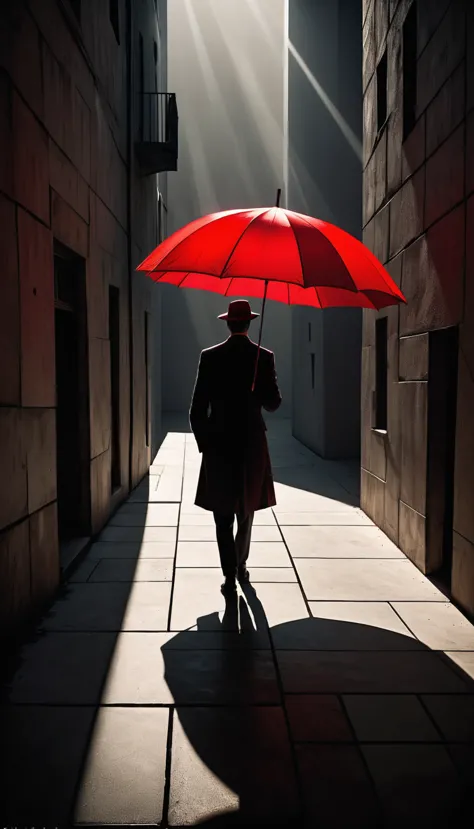 a  figure,red umbrella,simple geometric abstract,cubism,minimalist,chiaroscuro lighting,dramatic shadows,surreal,high contrast,m...