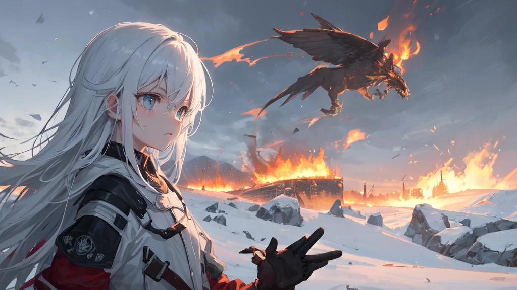 masterpiece:1.2), best quality , 独奏 ,pixiv, anime girl ，long straight white hair , black eyes ,Wearing off-white camouflage uniform ,ten years old，modern battlefield，(Eyes looking into the distance:1.3)，(look away:1.5)，snowy weather，dirty face，The background is a sea of fire with blood on the forehead，dirty face，Backlight，Bare rocky peaks ,Fierce flames are burning，The expression is sad，bullets flying，leave tears