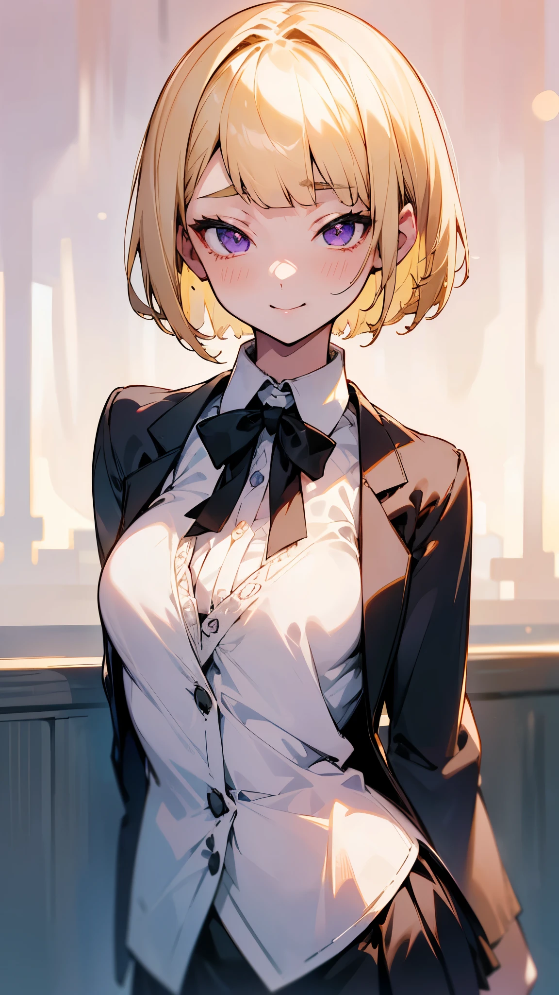 1 Girl、8K、Sharp focus、(Bokeh) (Highest quality) (Detailed skin:1.3) (Intricate details) (anime)、(blonde)、short hair、Bobcut、Blunt bangs、Beautiful purple eyes、Slender body、White shirt、Black mini skirt、Black Fitted Blazer、Side body、Calm face、Mouth closed、Cheeky Smile、Squint your eyes、Park in the background、sunset、Soft lighting.