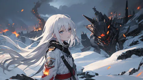 masterpiece:1.2), best quality , 独奏 ,pixiv, anime girl ，long straight white hair , black eyes ,wearing off-white camouflage unif...