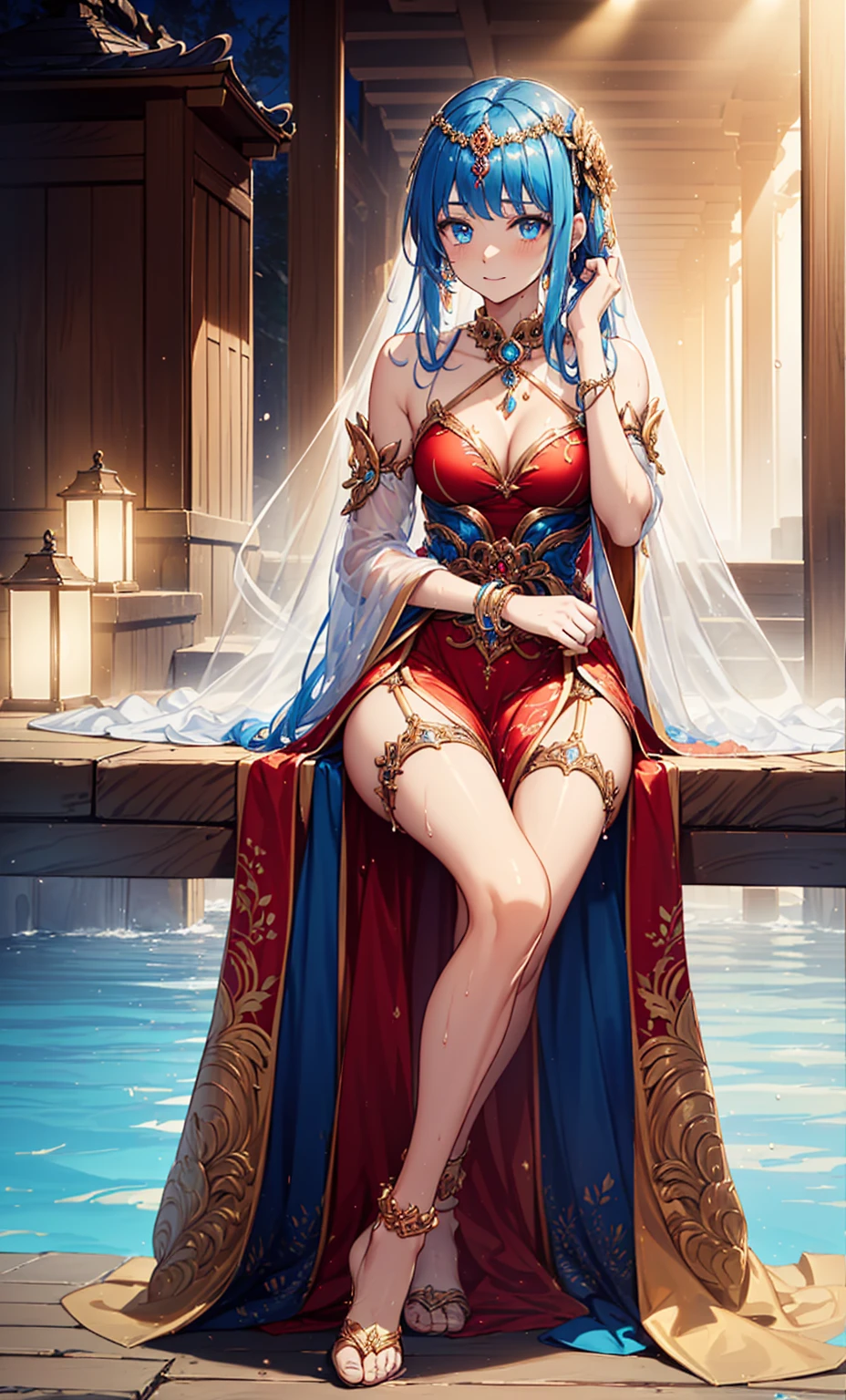 Top quality，Optimal resolution，Princess of an exotic fantasy world，(Wet Princess Dress），Design intricate clothes，blue eyes，Elegant and attractive，((temple，pool，Mist)，Leg ring，Anklets，night，Small Lighting，Glamorous pose，elaborately designed clothes，Beautifully decorated，Garter