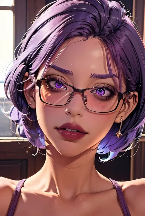 (masterpiece, best quality), 1 girl,   JMT,Glasses,Purple Hair,short hair,Purple Eyes,