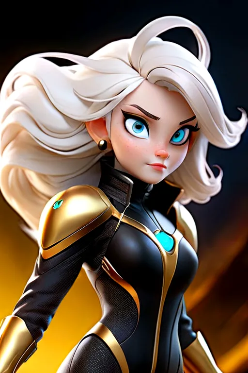 Woman with ,golden white hair,Blue eyes,,,black spacesuit