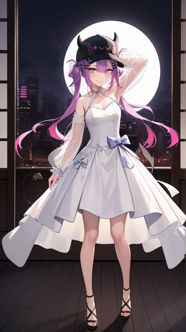 aatowa, long hair, twintails, black headwear, baseball cap, fake horns, hairclip, piercing, demon tail,
BREAK (transparent tulle wedding dress with long sleeve and long tail:1.2),
BREAK (Night:1.7), Japan, cyberpunk, CityView, Before Window, Standing at attention,armpits,arm up, expressive eyes,seductive smile, looking at viewer, NSFW,(Full_body),
BREAK (masterpiece:1.2), best quality, high resolution,NSW ,unity 8k wallpaper, (illustration:0.8), (beautiful detailed eyes:1.6), extremely detailed face, perfect lighting, extremely detailed CG, (perfect hands, perfect anatomy),