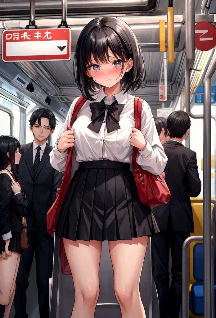 Black Hair　Shortcuts　uniform　crowded train　mini skirt　White panties　Skirt flip　Holding back tears