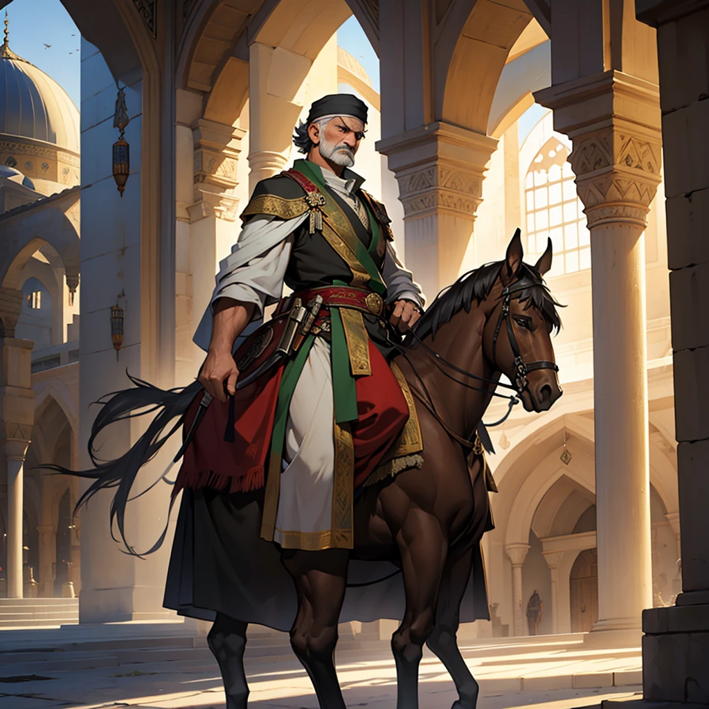 傑作, 最高品質, 完璧な仕事, 4K, オスマントルコの老戦士(1人), 背景: 背景: 光が差し込むモスク内,