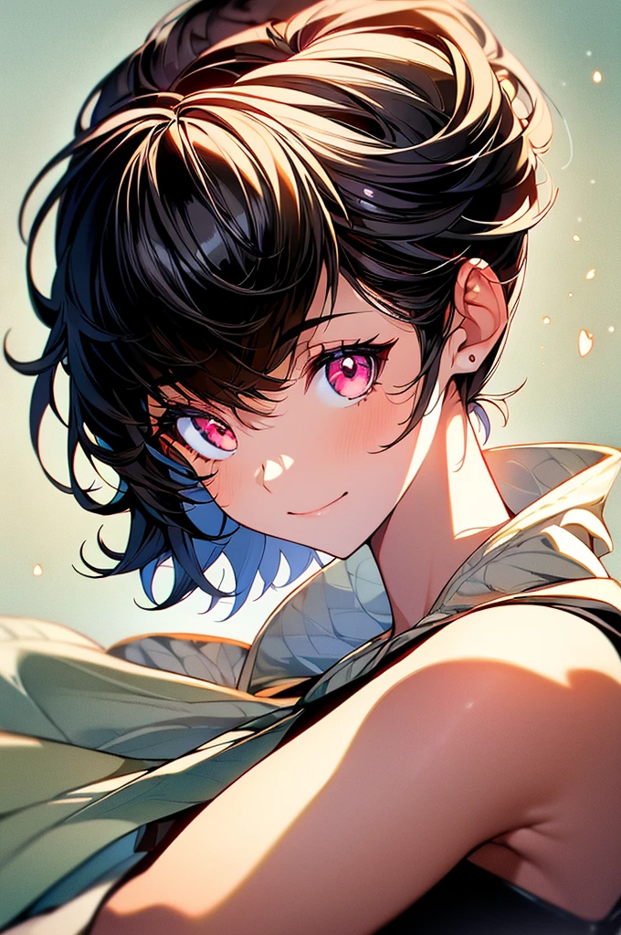 (masterpiece, highest quality, highest quality, (No text), Beautiful and aesthetic:1.2),No text,アニメ、 high resolution　BREAK,One Girl，Short black hair　Beautiful eyes　Red eyes　Beautiful girl　cool　smile　Black Coat　mini skirt　profile　Night view　Detailed eyes and face