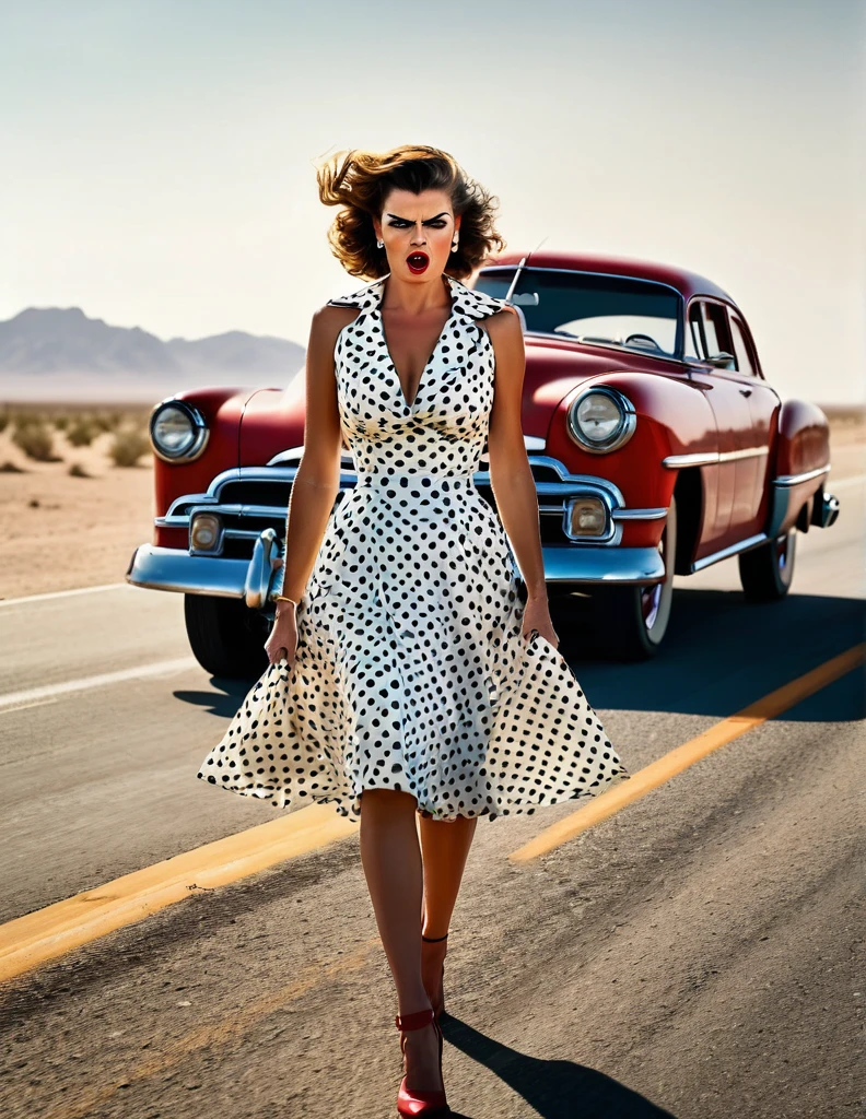 1950s style, angry woman in a polka dot dress, leaving her broke down and steam comes out of her Hudson Hornet classic car, walking towards camera, fists clenched, empty highway in the desert, perfect face, ultra sharp focus, high quality, ultra high resolution, cinematic, masterpiece, Annie Leibovitz Photography Style