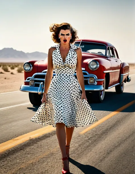 1950s style, angry woman in a polka dot dress, leaving her broke down and steam comes out of her Hudson Hornet classic car, walk...