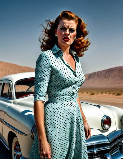 1950s style, angry woman in a polka dot dress, leaving her broke down and steam comes out of her Hudson Hornet classic car, walk...