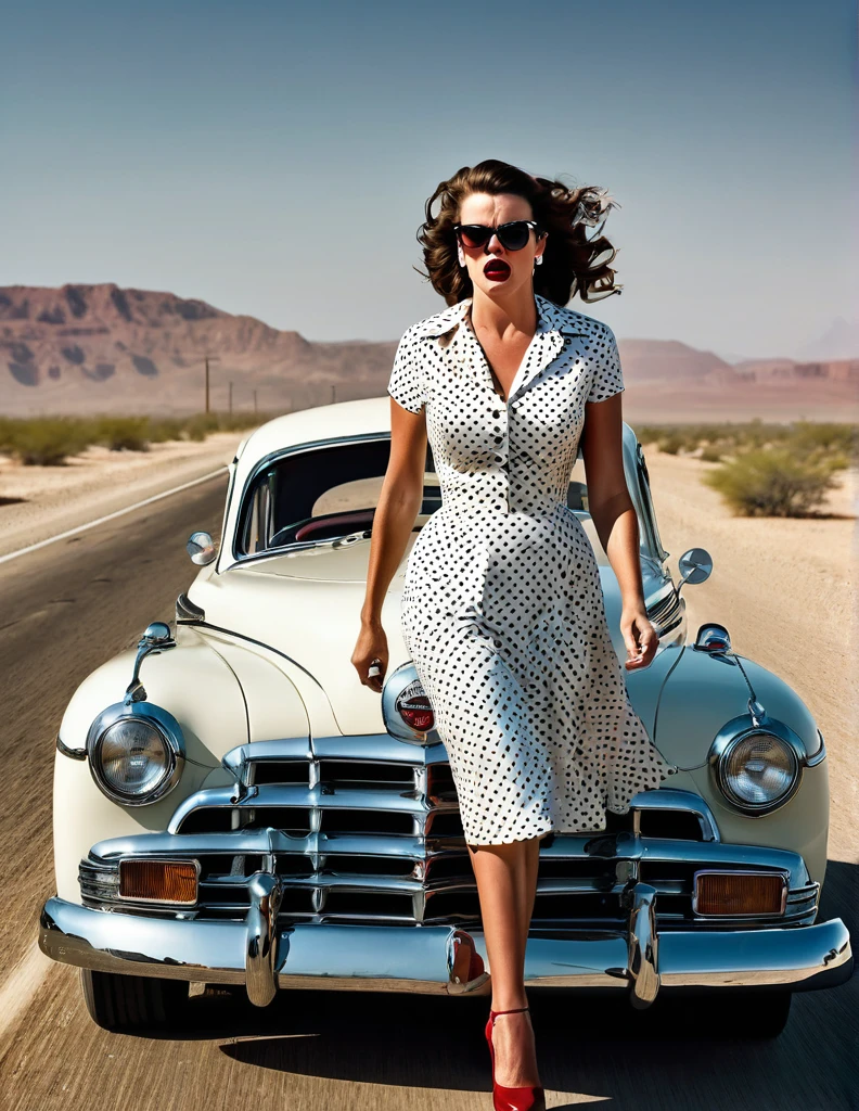 1950s style, angry woman in a polka dot dress, leaving her broke down and steam comes out of her Hudson Hornet classic car, walking towards camera, fists clenched, empty highway in the desert, perfect face, ultra sharp focus, high quality, ultra high resolution, cinematic, masterpiece, Annie Leibovitz Photography Style