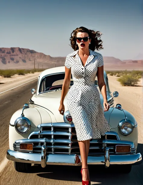 1950s style, angry woman in a polka dot dress, leaving her broke down and steam comes out of her Hudson Hornet classic car, walk...