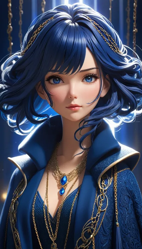 Anime HD style:With a stir of adventure in her eyes, a goddess emerges, possessing short, dark blue hair adorned with shimmering...