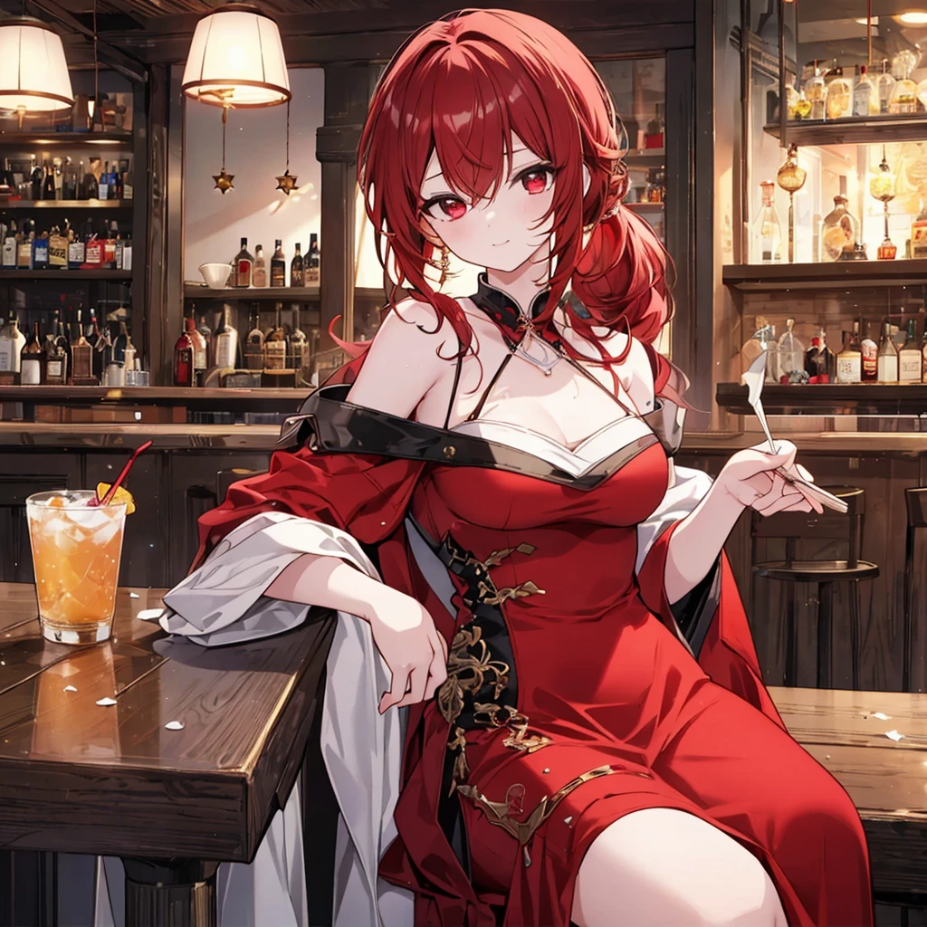 Anime style painting, An illustration, liquor, Woman sitting at a bar drinking a cocktail, 背景の棚には多彩な色のliquor瓶が並んでいる, Quiet bar, Calm expression, Perfect hands, elder, Red Hair, The dignity of a 50-year-old, ほろ酔いのwoman, solo、(Highly detailed background:1.0)、(Highly detailed background:1.0)、masterpiece、Highest quality、(Babes)、Fractal Art、Red eyes、Narrow eyes、Black and red dress, Reddish lips、From the shoulders up、smile、One Woman、Red long ponytail, Curly Hair, Red eyes,Golden accessories, solo, Big Breasts, woman, Take-out, Provocative laughter,40 year old woman,Queen of Sadism, Highly detailed background, Perfect Human Medicine, 