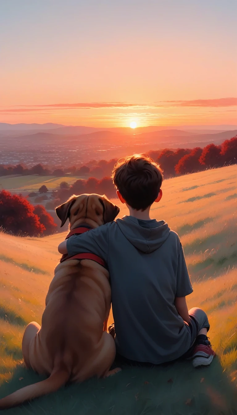 score_9, score_8_up, score_7_up, score_6_up, score_5_up, score_4_up, shot from behind, a big dog and a boy sitting side by side on a grassy hill watching the sunset, cuddling and hugging, a big bright red sunset, pale pastel colors in the background