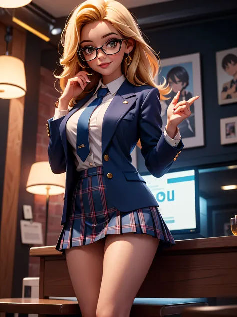 masterpiece, Super Detail, High quality, awardwinning, 8K, (girl), blonde, Solo, Smiling, glasses , (Formal jacket dark blue), W...