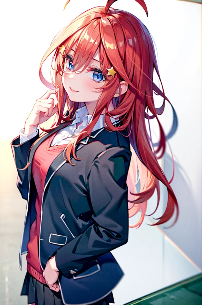 (8K, Highest quality, Highest quality, masterpiece), aaitsuki, long hair, ahoge, star hair ornament, smile, school uniform, blazer, black jacket, open jacket, red sweater, long sleeves, denim short shorts, big breasts, school, from above angle