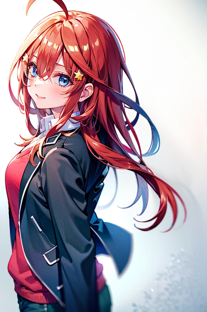 (8K, de la máxima calidad, de la máxima calidad, obra maestra), aaitsuki, pelo largo, ahogo, adorno para el cabello estrella, sonrisa, Escuela uniform, chaqueta de sport, chaqueta negra, chaqueta abierta, sueter rojo, mangas largas, Pantalones cortos de mezclilla, pechos grandes, Escuela, desde arriba ángulo