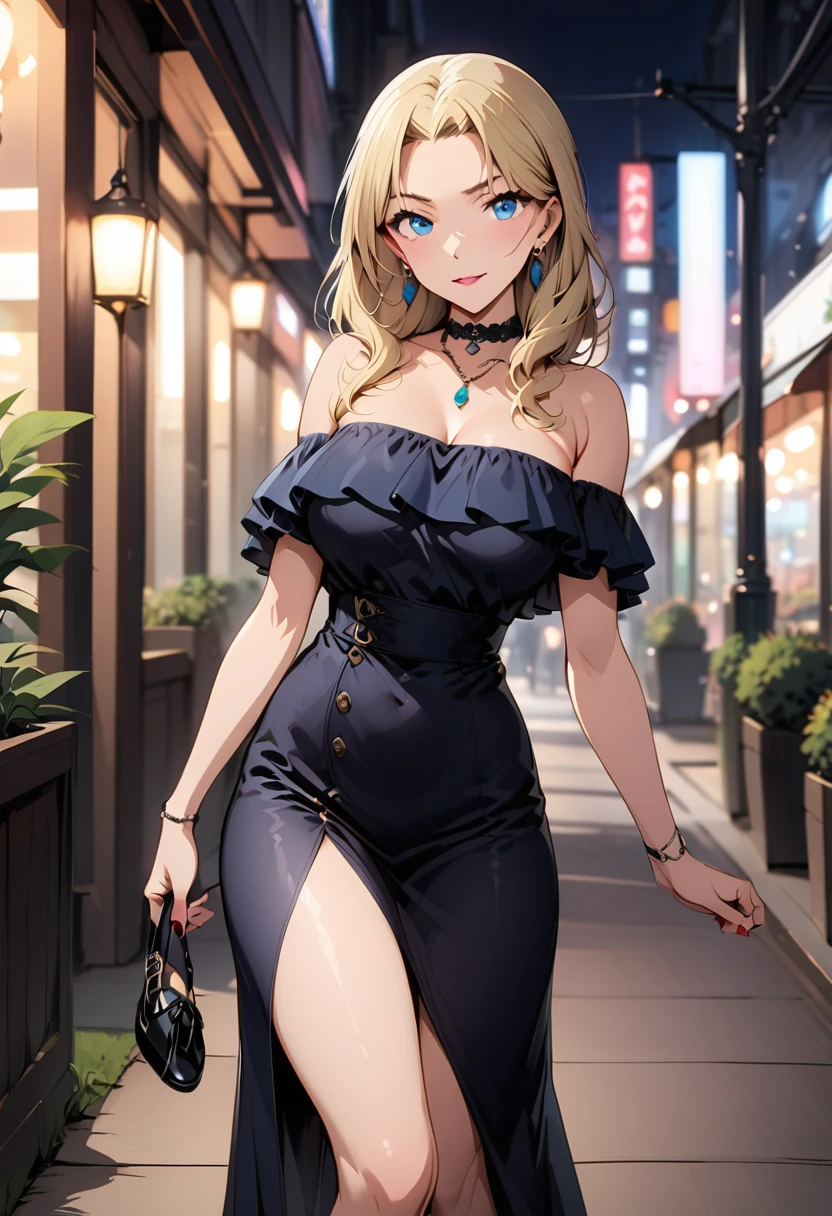 (best quality,Ultra-clear，Depth of Field, high resolution：1.3），personal, Blonde hair, blue eyes, earrings, Jewelry, Anime style，full-body shot，（36 years old mature beauty，Charming and sexy，Perfect body，Fashion，Green Off-The-Shoulder Maxi Dress，Wearing red high heels：1.2）