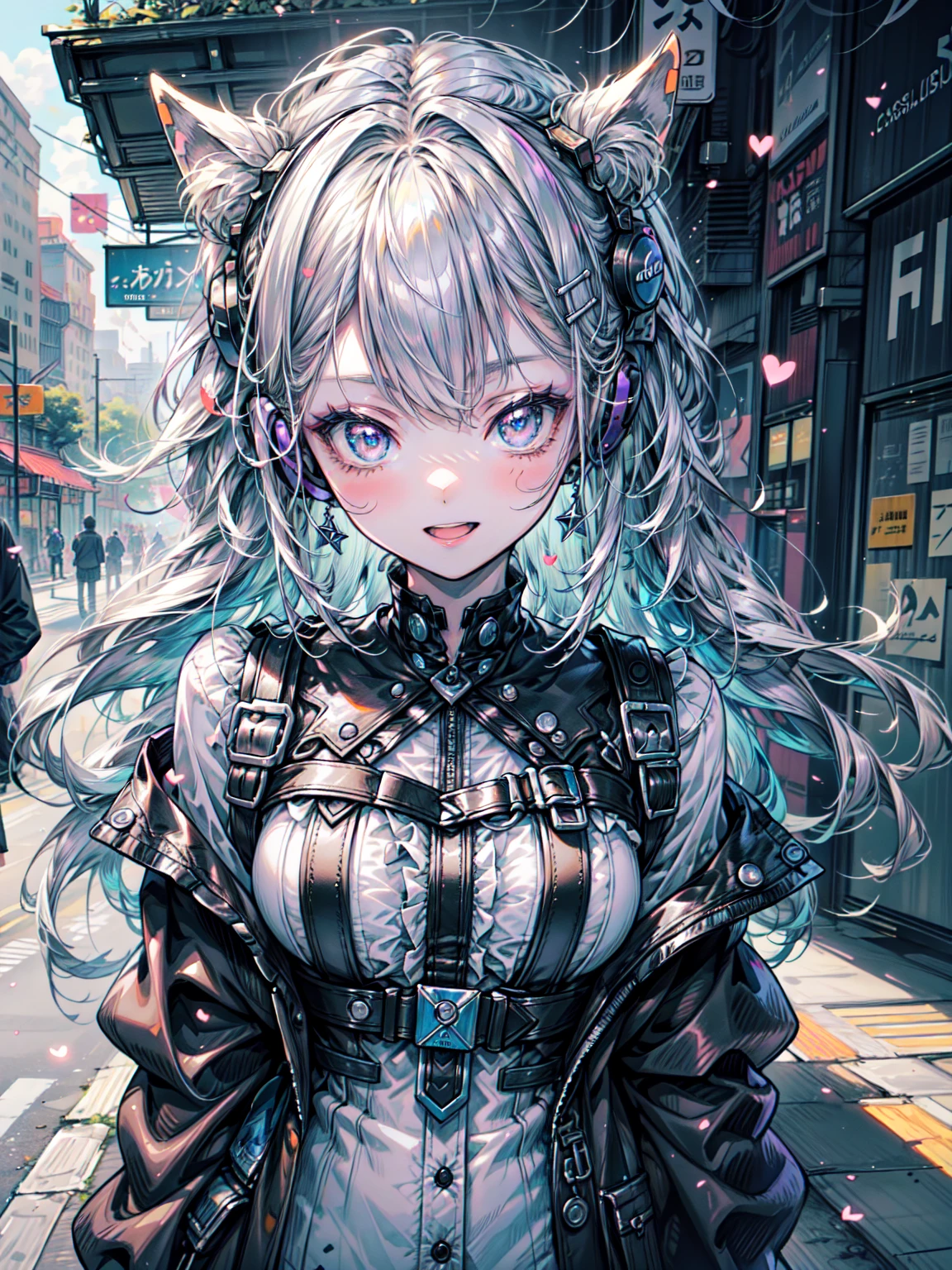  (Cityscape:1.2), Browsing Caution, (Face of love, I&#39;I am very happy:1.5), (mecha musume, Cyborg Girl), Teen, Stylish angle, Stylish pose, (headphone, Mechanical fuselage, mechanical clothing), Looking at the audience, Cutting your bangs, Blue mini skirt, plastic corset, Beautiful light effect, Glowing Skin, (Long-sleeved kimono, removable long sleeves, very wide sleeve:1.2), (Caution sticker, Company logotype:1.5), (small open mouth, Dark Elf), (1 Girl), alone, Perfect Face, Get used to it, Ahoge, ((Long Hair:1.2)),[[Messy Hair]], Shiny blonde white hair, Purple eyes, Variegated eyes, Colorful Hair, Shining Eyes, (eyelash, eye shadow, pink eye shadow), bright, smile, Design Art：Haruhiko Mikimoto, by Kawashi, By Yoshitaka Amano

